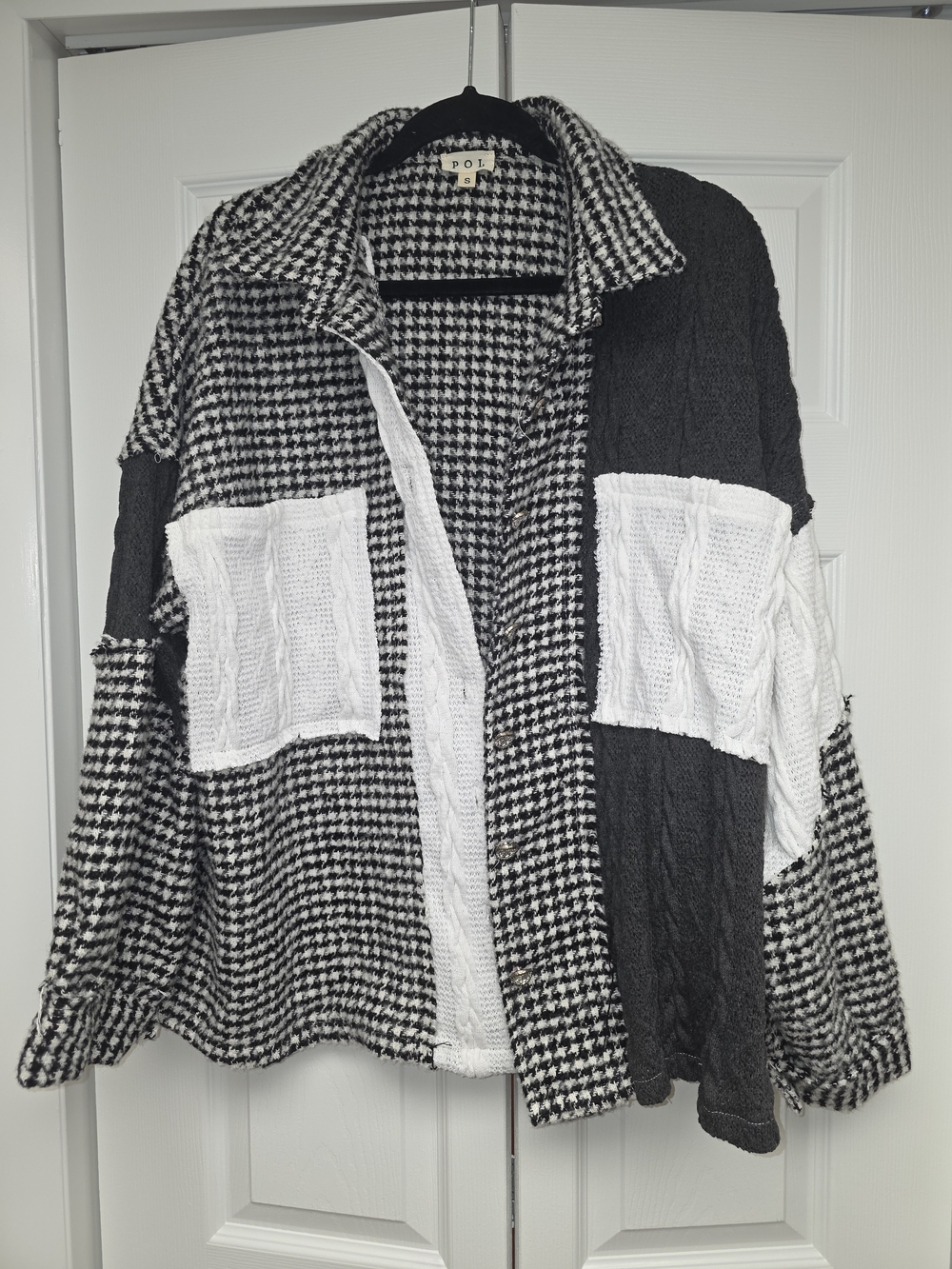 POL Black & White Patchwork Houndstooth Knit Shacket